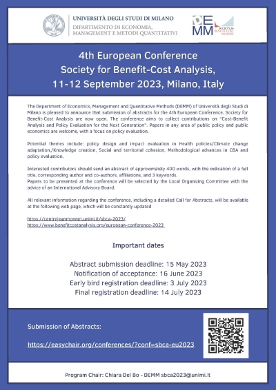 Call for Abstracts | 4th European Conference Society for Benefit-Cost Analysis, 11-12 September 2023, Milano, Italy