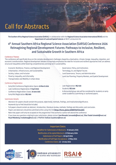 Call for Papers | 4th Annual Southern Africa Regional Science Association Conference, 22-24 July 2026, Namibia University of Science and Technology, Windhoek, Namibia