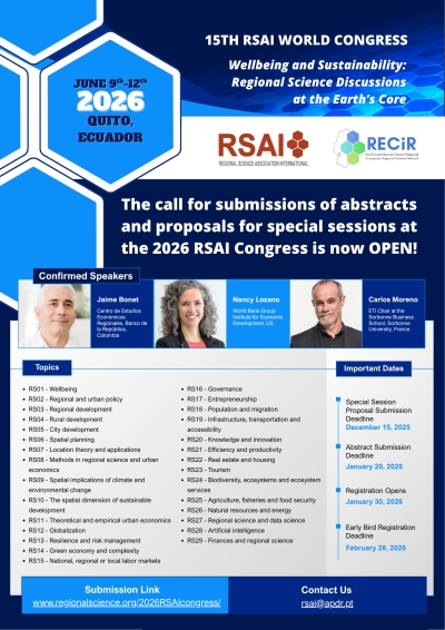 The call for submissions of abstracts and proposals for special sessions for the 2026 RSAI Congress is now OPEN!