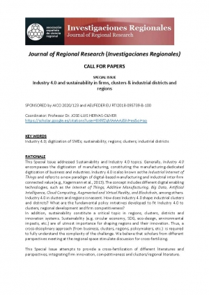 Call for Papers - Journal of Regional Research - Investigaciones Regionales on Industry 4.0 and sustainability in firms, clusters &amp; industrial districts and regions