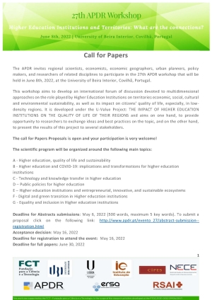 Portuguese Section | Call for Papers: 27th APDR workshop, June 8th, 2022, University of Beira Interior, Covilhã, Portugal