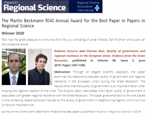 Winner 2020 - Martin Beckmann Annual Award for the best paper published in Papers in Regional Science in 2019