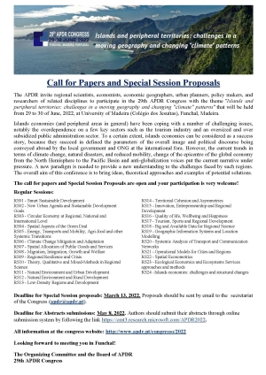 Call for Papers and Special Session Proposals | 29th APDR Congress | 29-30 June 2022, University of Madeira, Funchal, Madeira, Portugal