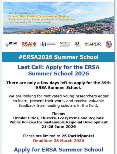 RSAI NNT2026 | Last days to apply: ERSA Summer School 2026