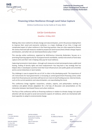 Call for abstracts: Online conference, Financing Urban Resilience through Land Value Capture, 9 July 2021