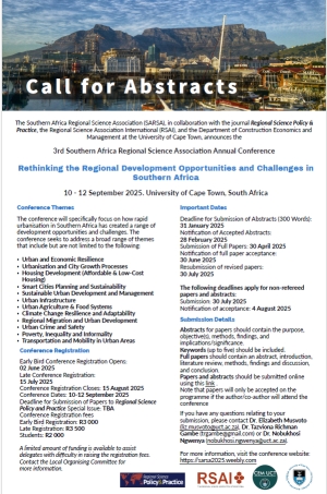 Call for papers |  3rd Southern Africa Regional Science Association Annual Conference, 10-12 September 2025, University of Cape Town, South Africa