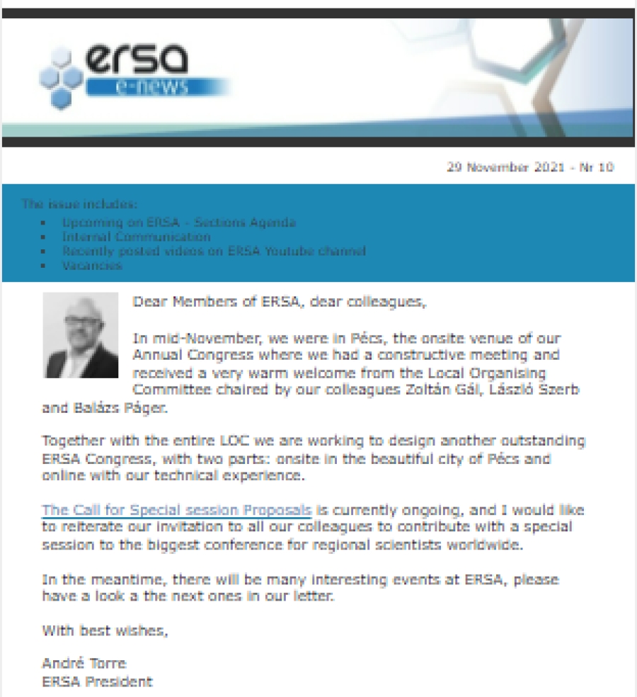 Regional Science - ERSA Monthly E-news - November 2021