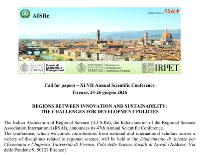 Italian Section: Call for papers | AISRE XLVII Annual Scientific Conference, 24-26 June 2026, Florence, Italy